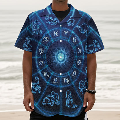 Blue Light Zodiac Circle Print Textured Short Sleeve Shirt