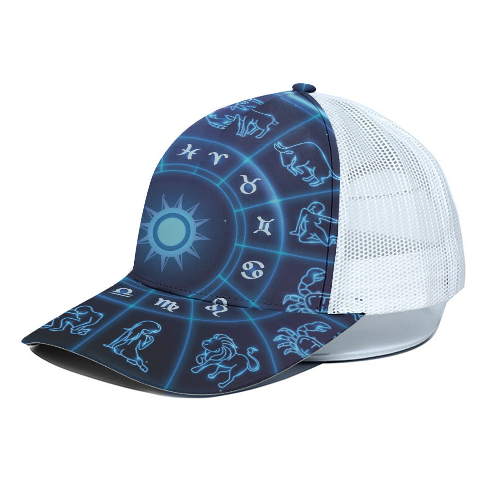 Blue Light Zodiac Circle Print White Mesh Trucker Cap