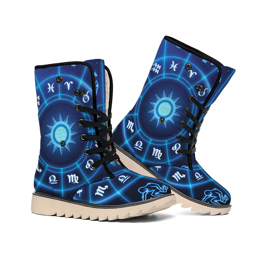 Blue Light Zodiac Circle Print Winter Boots