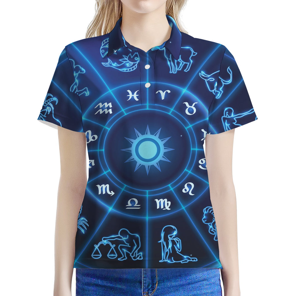Blue Light Zodiac Circle Print Women's Polo Shirt
