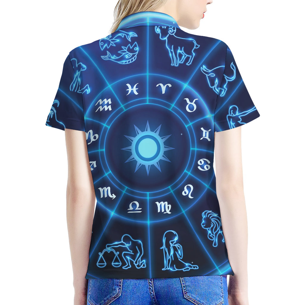 Blue Light Zodiac Circle Print Women's Polo Shirt