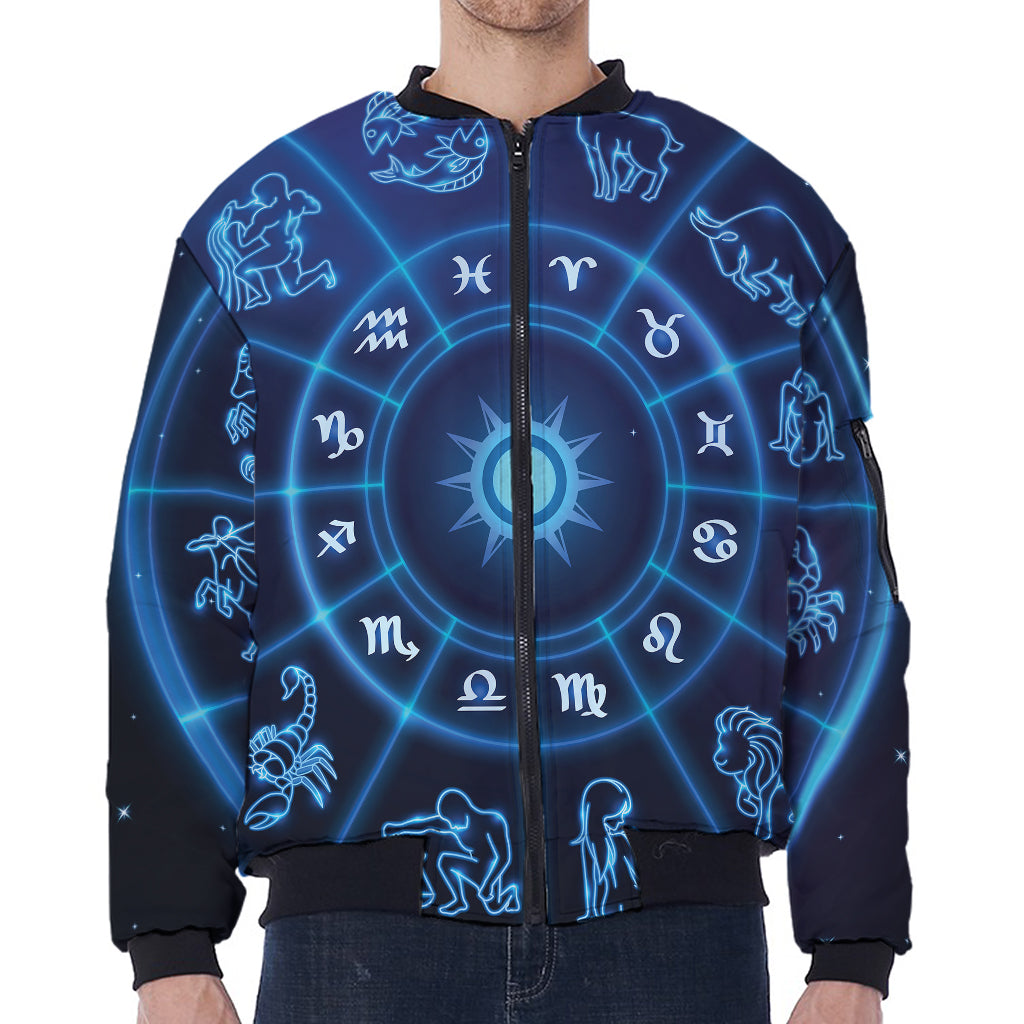 Blue Light Zodiac Circle Print Zip Sleeve Bomber Jacket