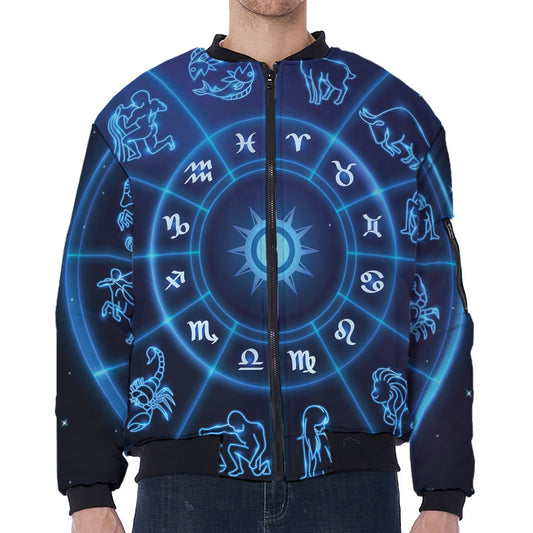 Blue Light Zodiac Circle Print Zip Sleeve Bomber Jacket