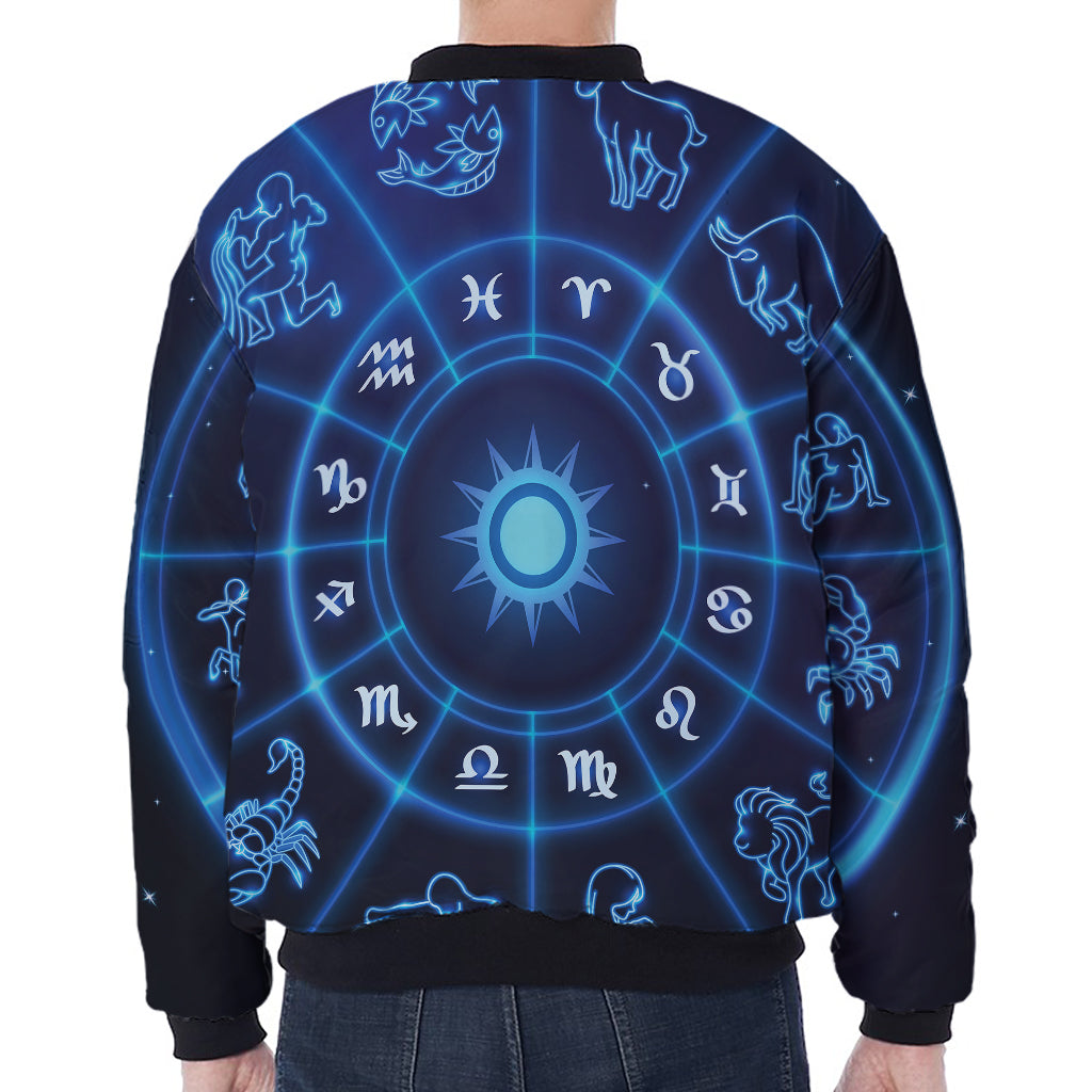Blue Light Zodiac Circle Print Zip Sleeve Bomber Jacket