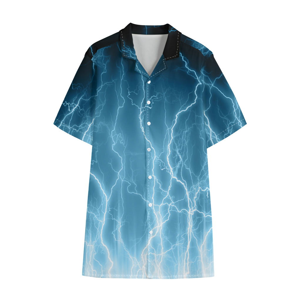 Blue Lightning Print Cotton Hawaiian Shirt