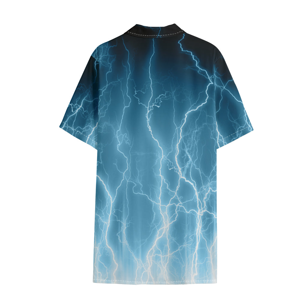 Blue Lightning Print Cotton Hawaiian Shirt