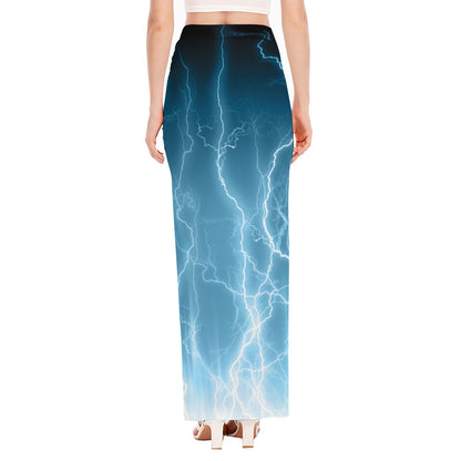 Blue Lightning Print High Slit Maxi Skirt