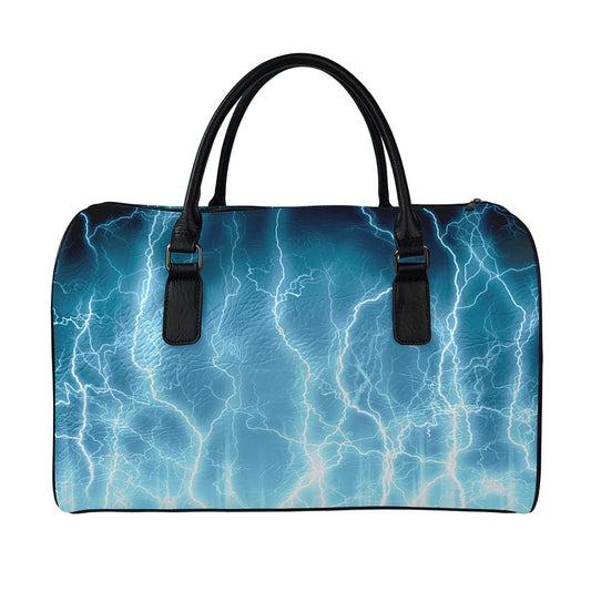 Blue Lightning Print Leather Duffle Bag