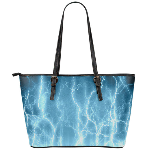 Blue Lightning Print Leather Tote Bag