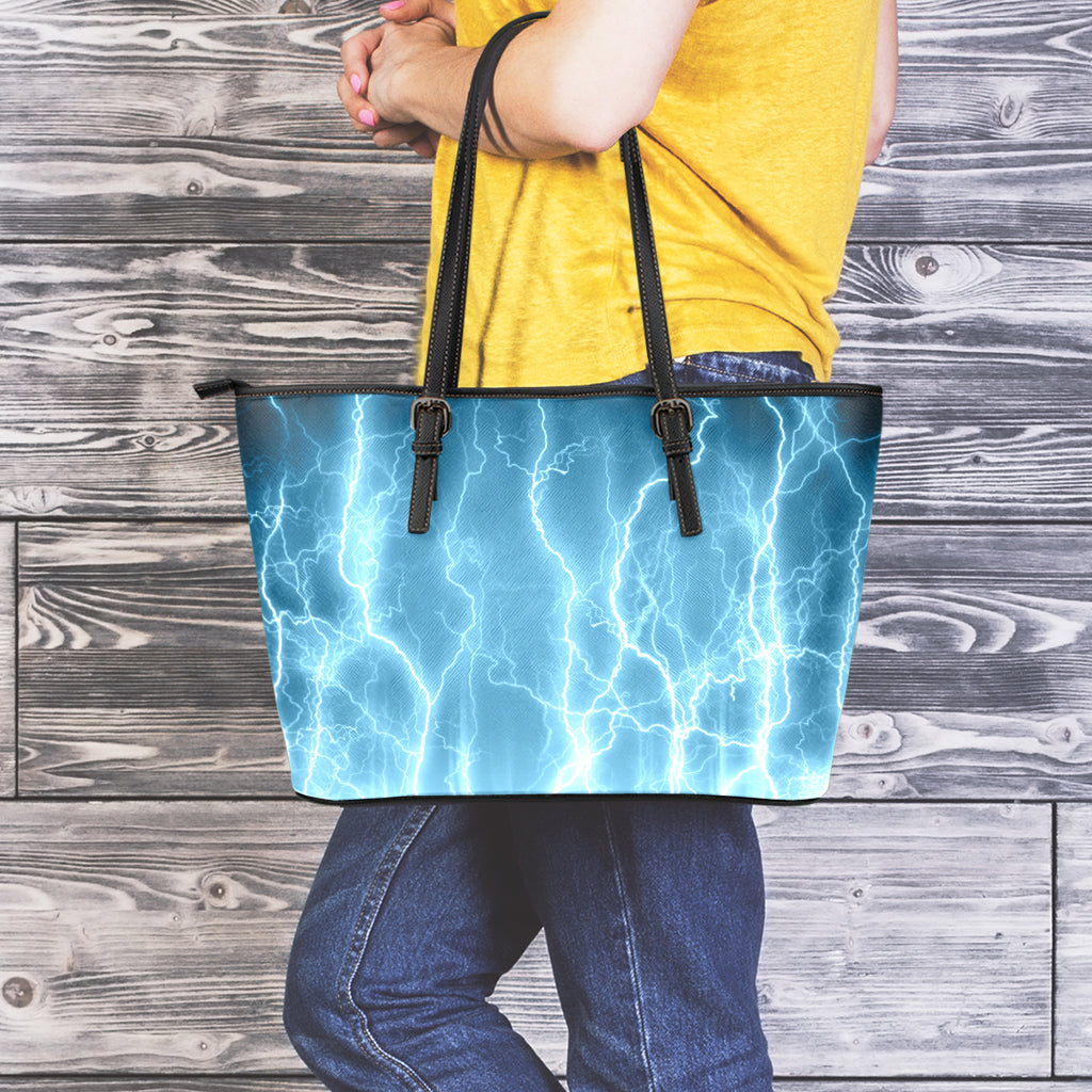 Blue Lightning Print Leather Tote Bag