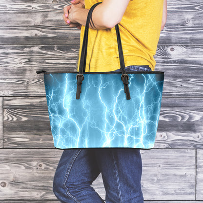 Blue Lightning Print Leather Tote Bag