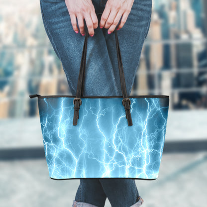 Blue Lightning Print Leather Tote Bag