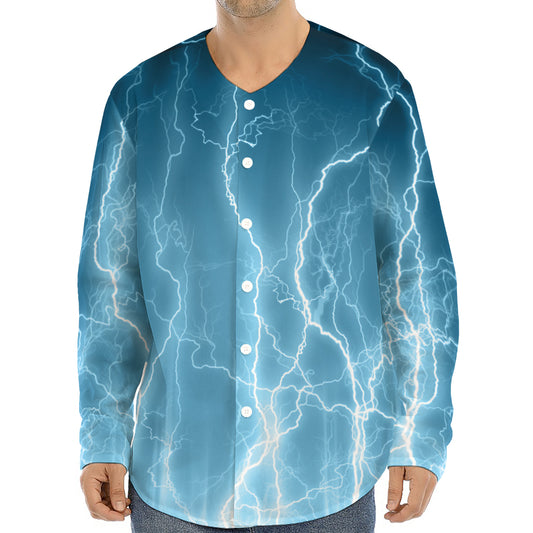 Blue Lightning Print Long Sleeve Baseball Jersey
