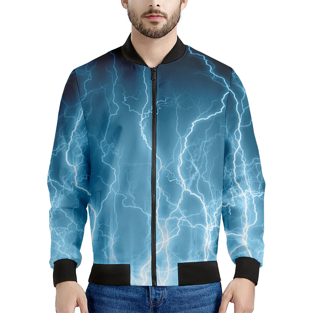 Blue Lightning Print Men's Bomber Jacket