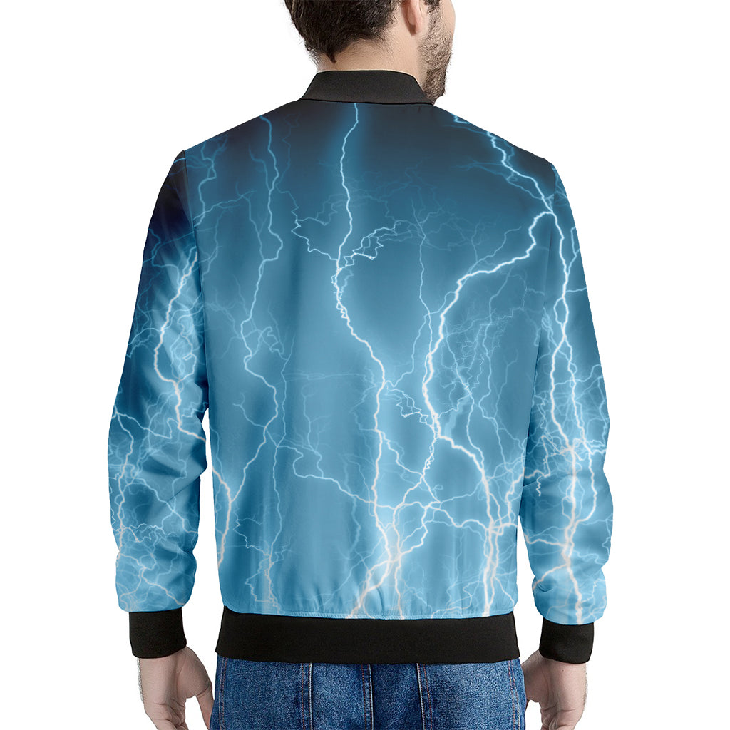 Blue Lightning Print Men's Bomber Jacket