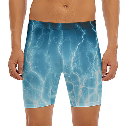 Blue Lightning Print Men's Long Boxer Briefs