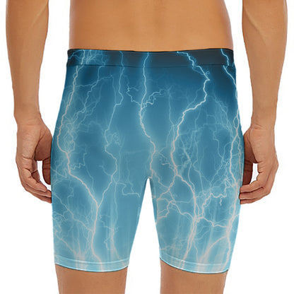 Blue Lightning Print Men's Long Boxer Briefs