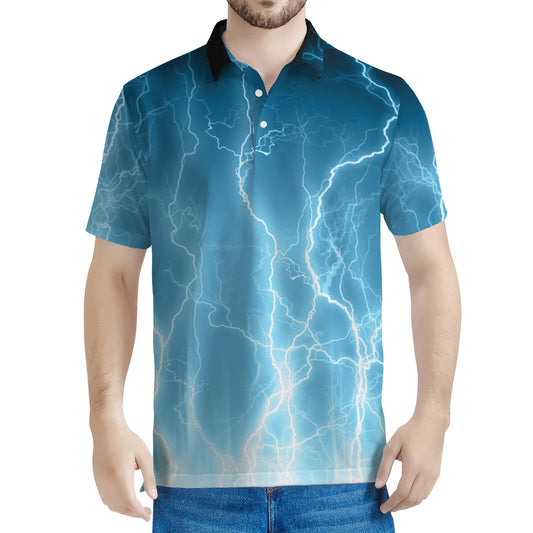 Blue Lightning Print Men's Polo Shirt