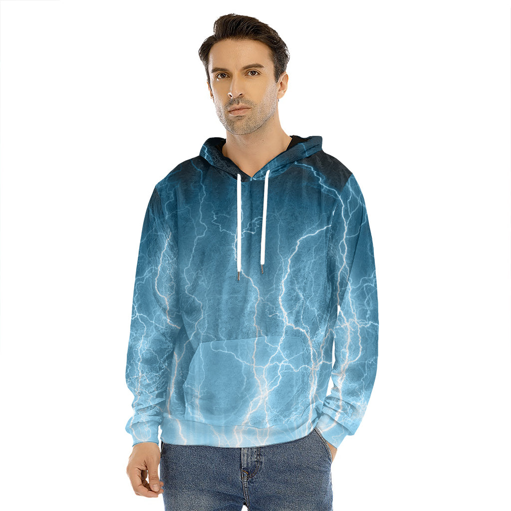 Blue Lightning Print Men's Velvet Pullover Hoodie