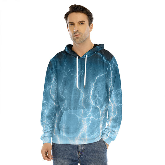 Blue Lightning Print Men's Velvet Pullover Hoodie