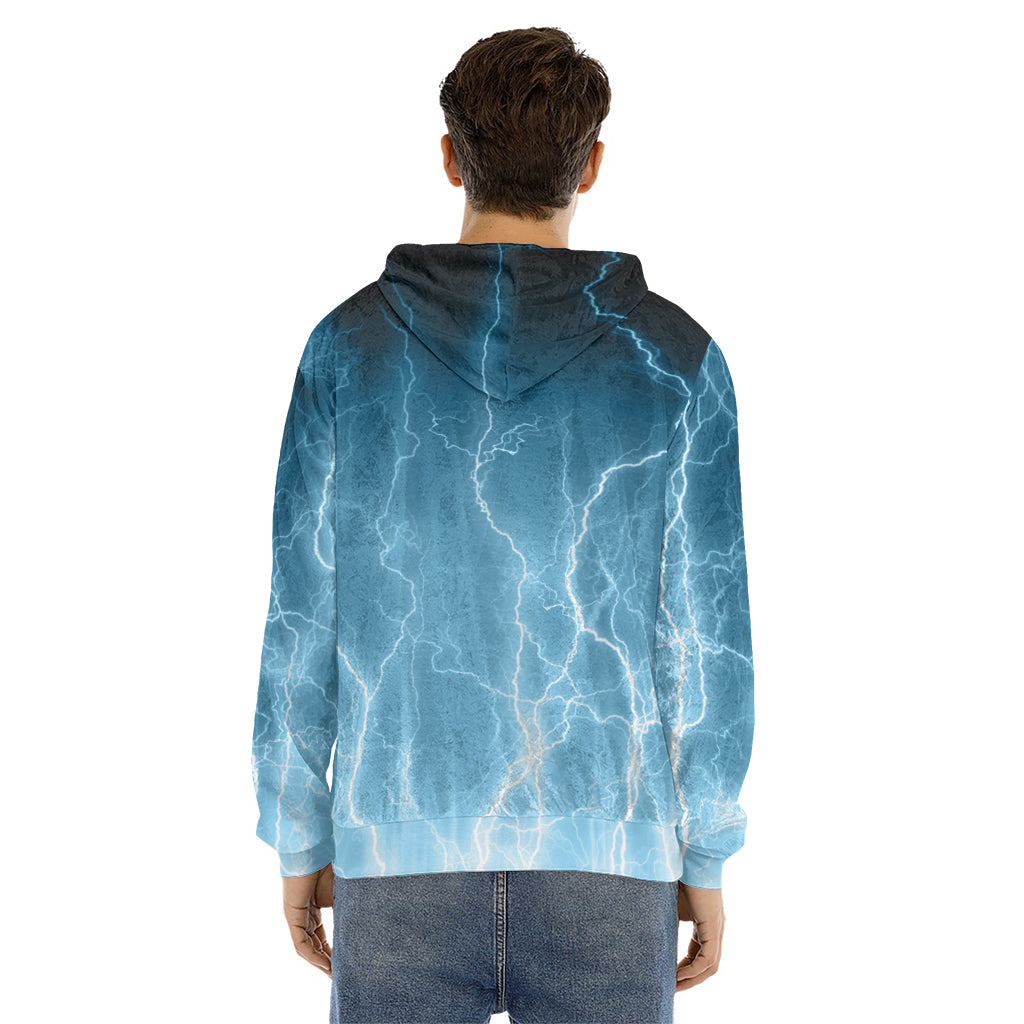 Blue Lightning Print Men's Velvet Pullover Hoodie