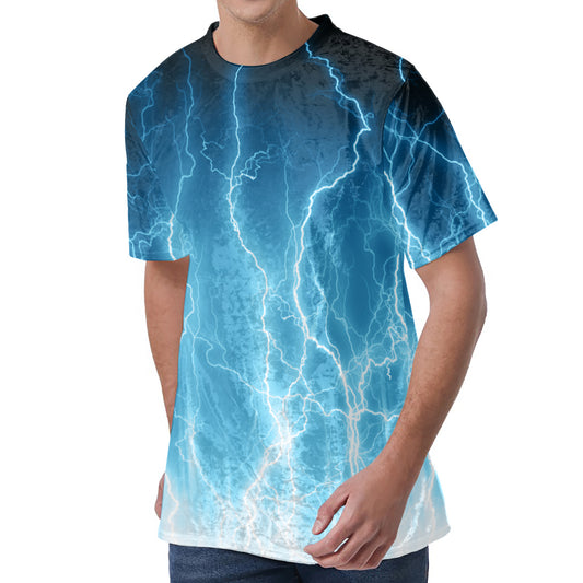 Blue Lightning Print Men's Velvet T-Shirt