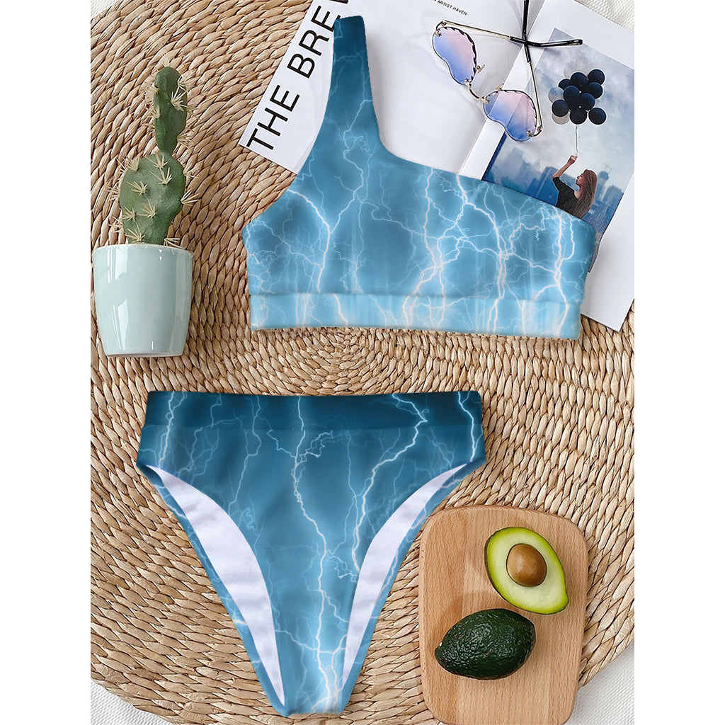 Blue Lightning Print One Shoulder Bikini Top