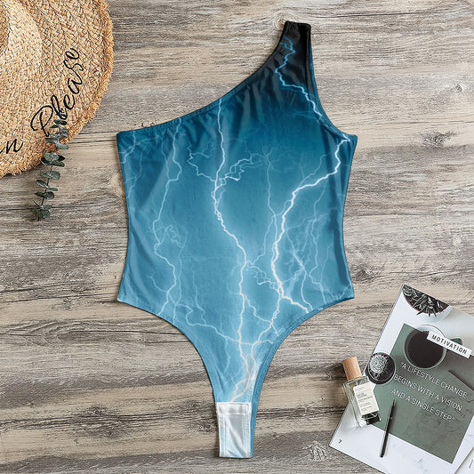 Blue Lightning Print One Shoulder Bodysuit