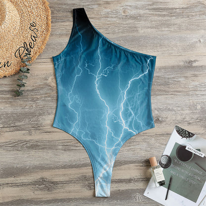 Blue Lightning Print One Shoulder Bodysuit