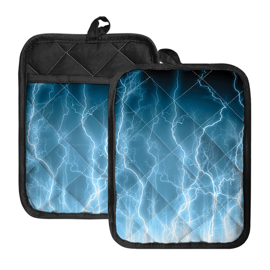 Blue Lightning Print Pot Holders With Pocket
