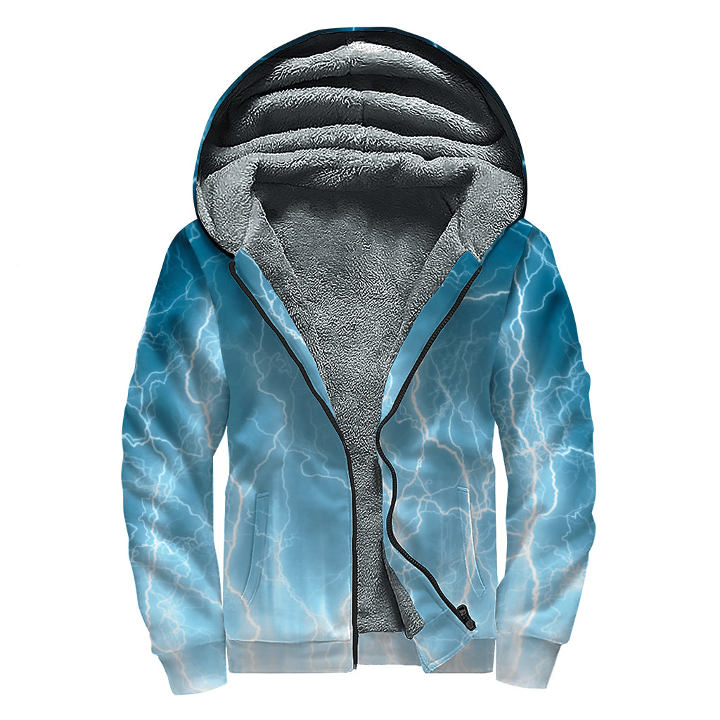 Blue Lightning Print Sherpa Lined Zip Up Hoodie