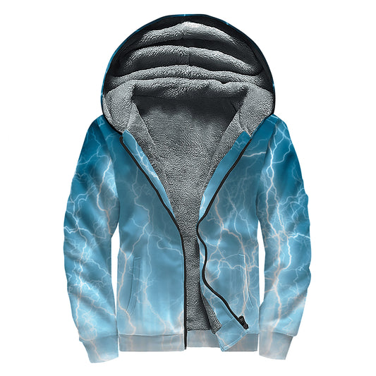 Blue Lightning Print Sherpa Lined Zip Up Hoodie