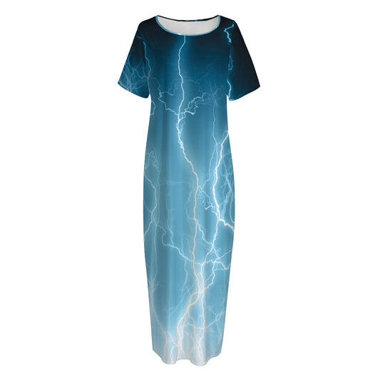 Blue Lightning Print Short Sleeve Long Nightdress