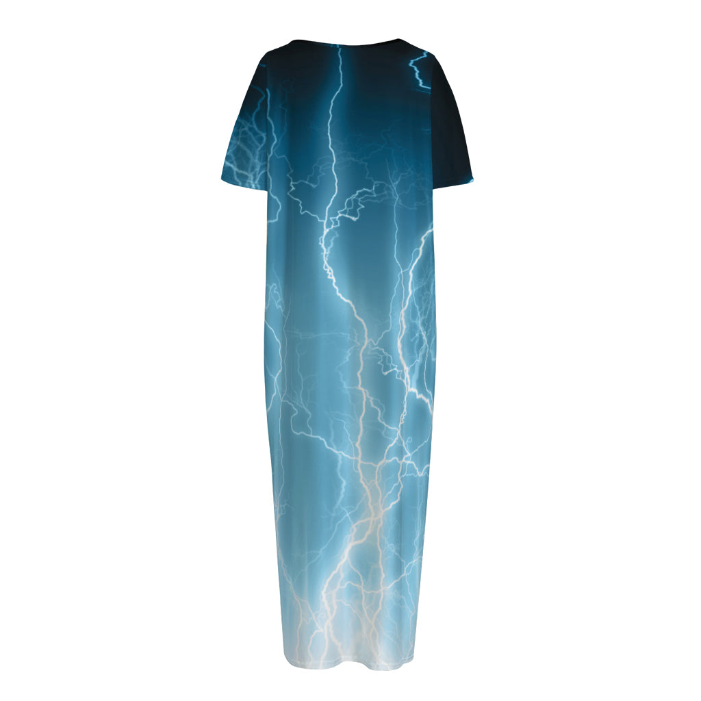 Blue Lightning Print Short Sleeve Long Nightdress