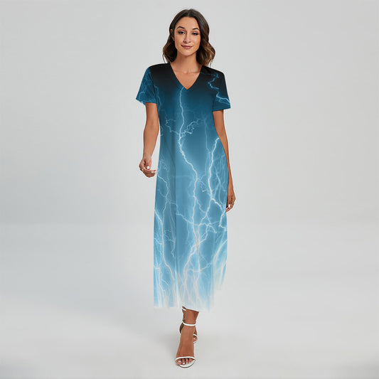 Blue Lightning Print Short Sleeve Maxi Dress