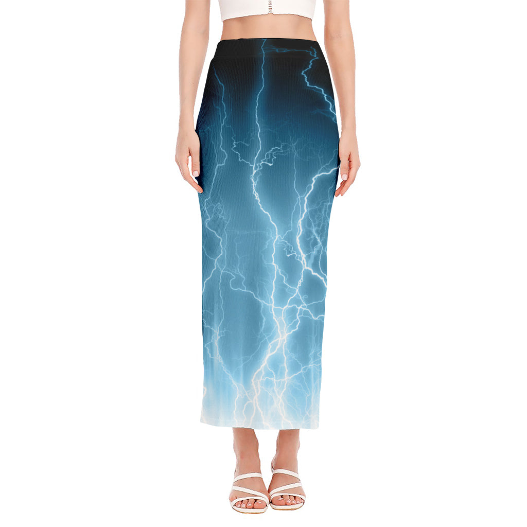 Blue Lightning Print Side Slit Maxi Skirt