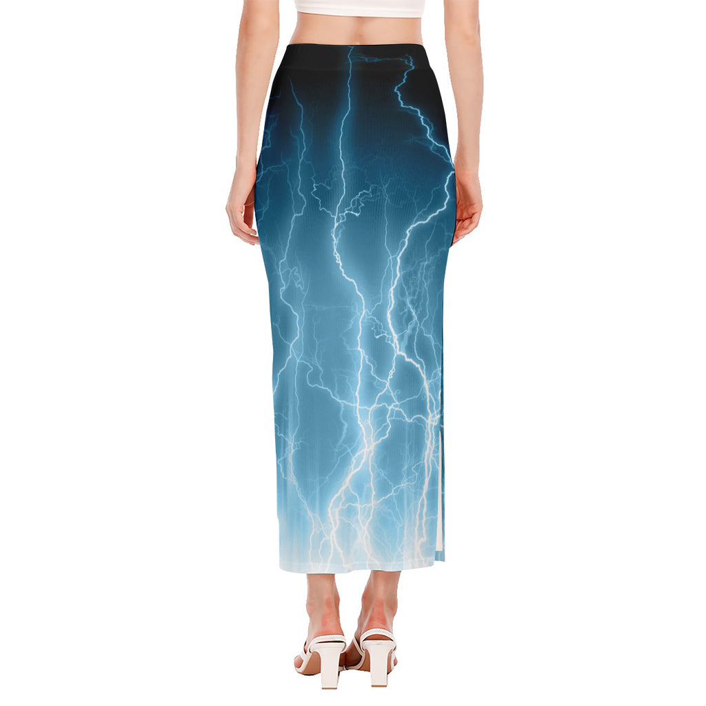 Blue Lightning Print Side Slit Maxi Skirt