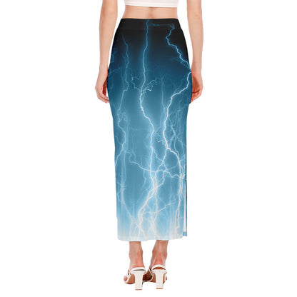 Blue Lightning Print Side Slit Maxi Skirt