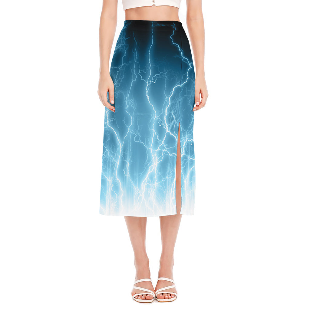 Blue Lightning Print Side Slit Midi Skirt
