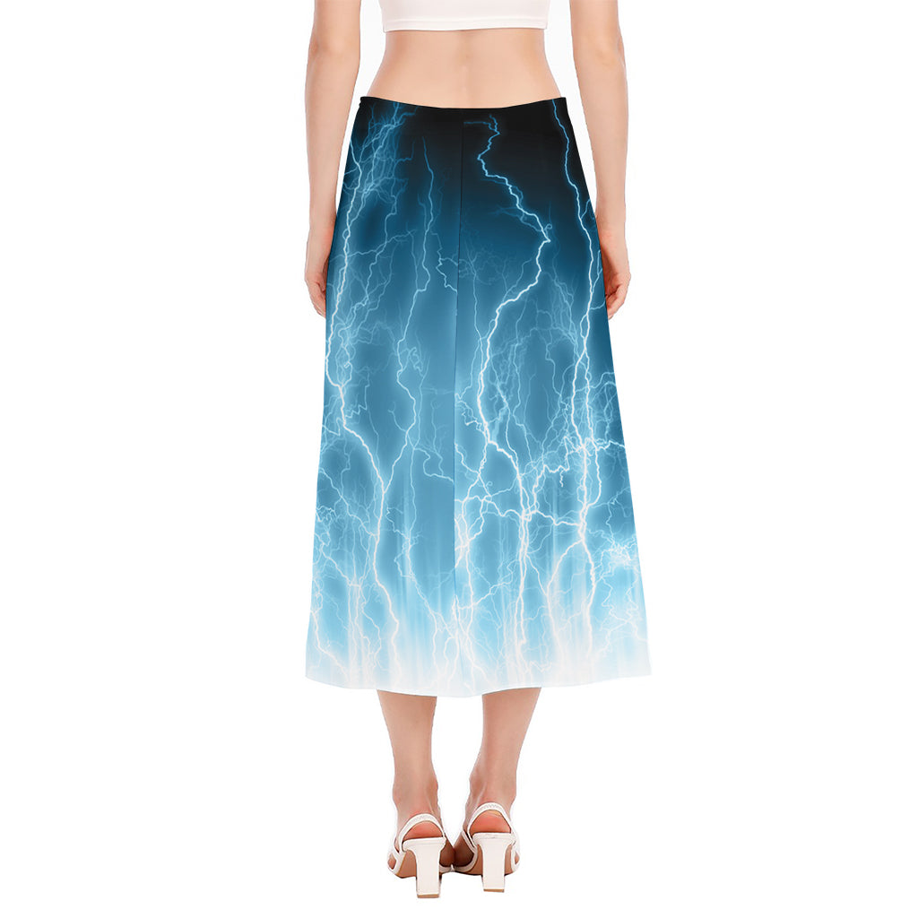 Blue Lightning Print Side Slit Midi Skirt