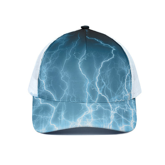 Blue Lightning Print White Mesh Trucker Cap