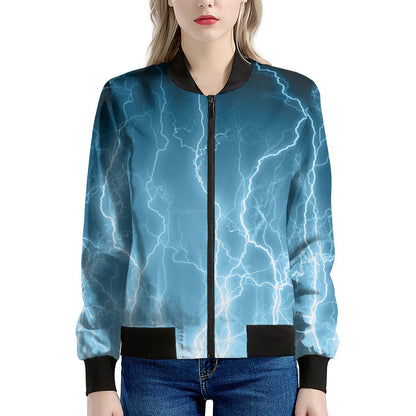 Blue Lightning Print Women's Bomber Jacket