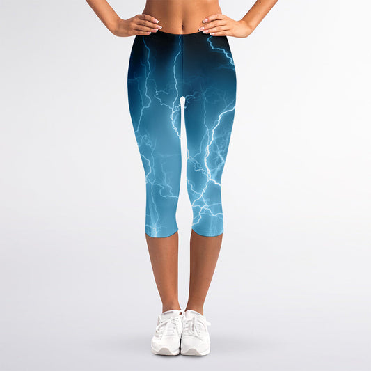 Blue Lightning Print Women's Capri Leggings