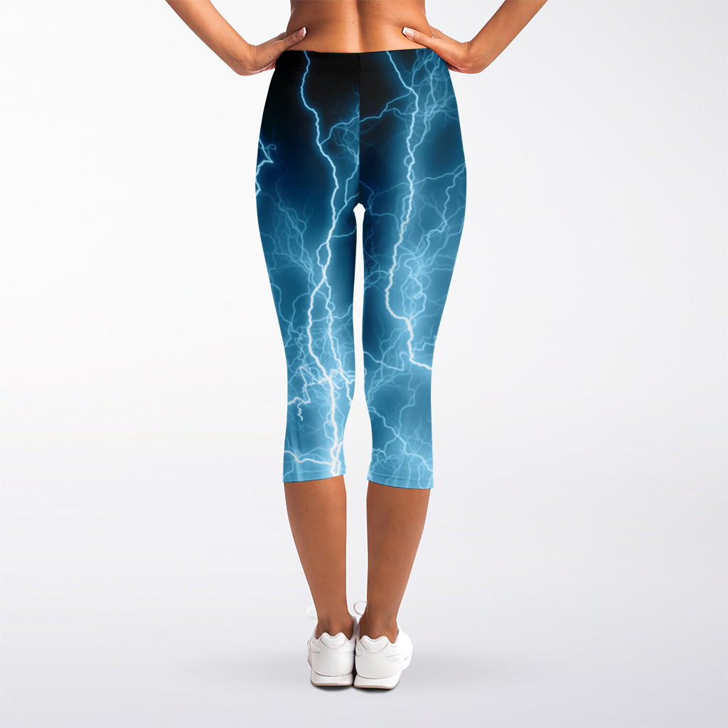 Blue Lightning Print Women's Capri Leggings