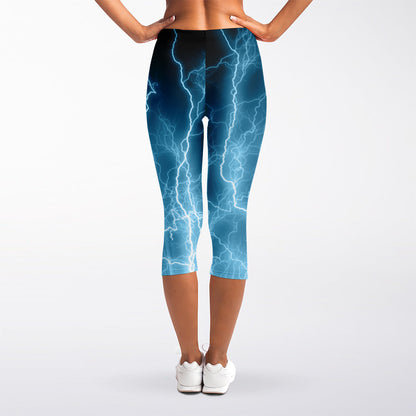 Blue Lightning Print Women's Capri Leggings