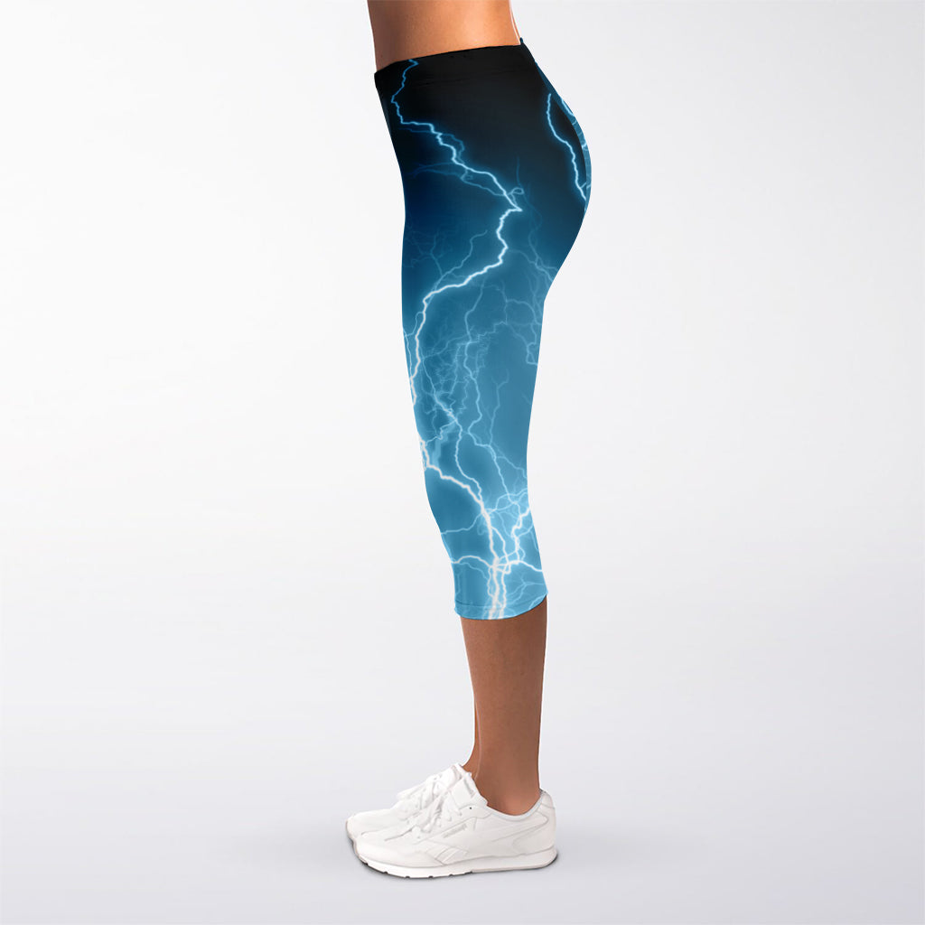 Blue Lightning Print Women's Capri Leggings