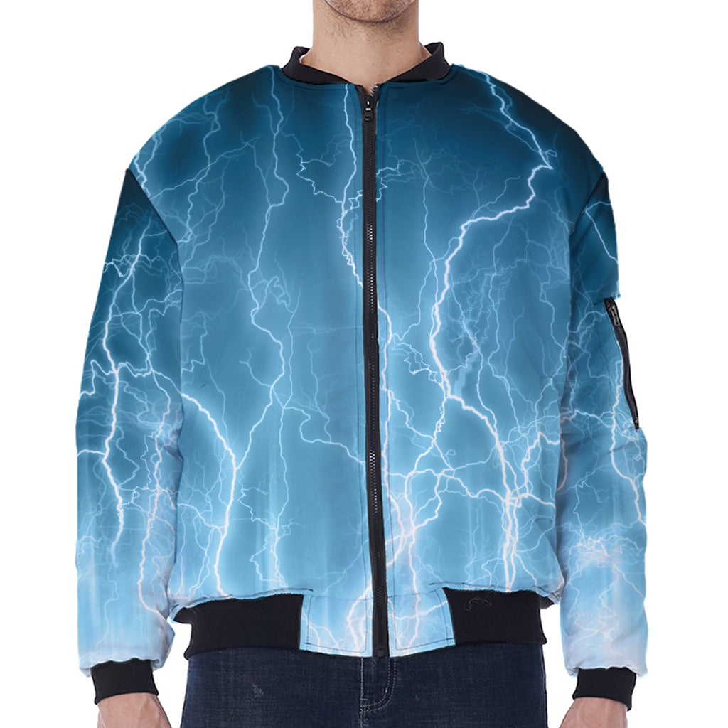Blue Lightning Print Zip Sleeve Bomber Jacket