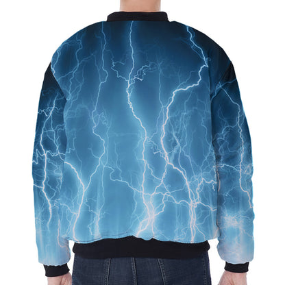 Blue Lightning Print Zip Sleeve Bomber Jacket