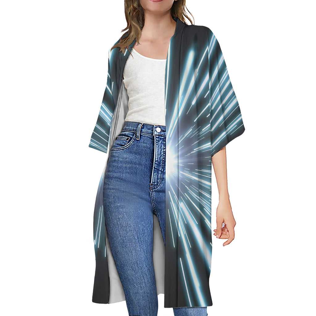 Blue Lightspeed Print Open Front Beach Cover Up