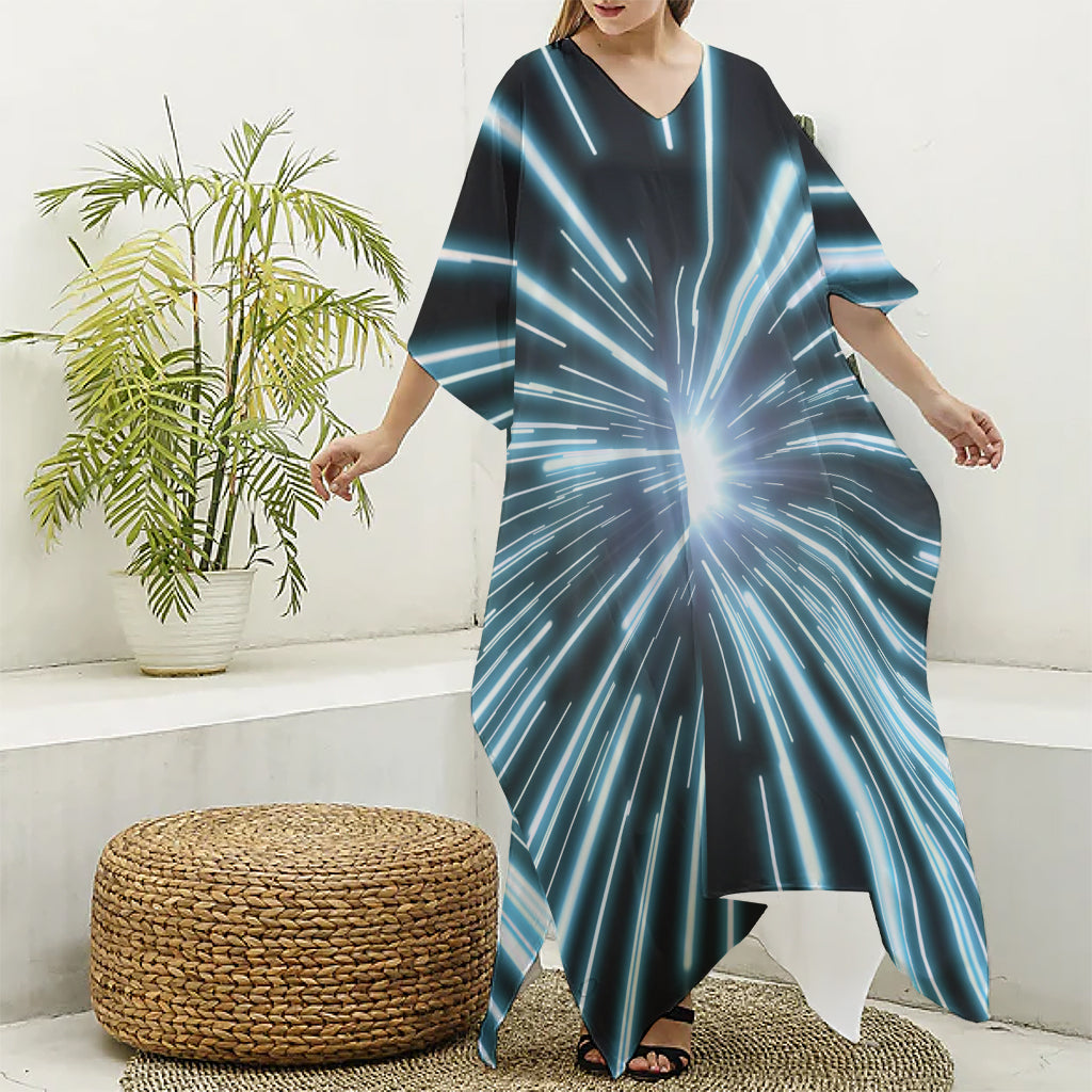 Blue Lightspeed Print Silk V-Neck Kaftan Dress